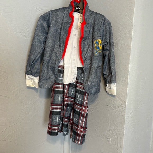 Beetlejuice Astrid Costume Halloween Kids Gray Blazer with Red Trim Plaid Skirt - Picture 1 of 9